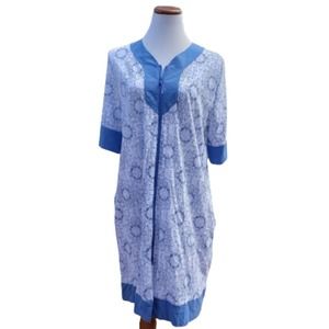 VINTAGE Nap Dress Blue Floral Print House Coat Zippered Bathrobe Sz L
